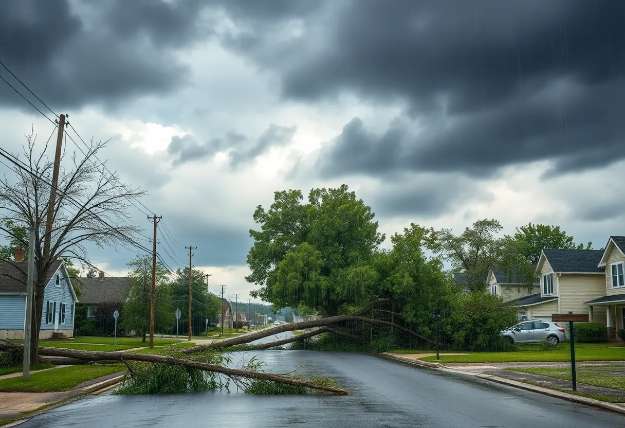 Fallen tree blocking road during severe thunderstorms in Greenwood