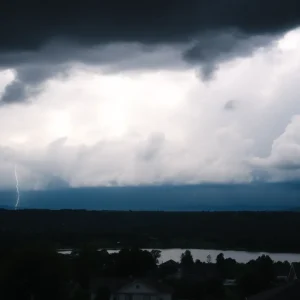 Severe thunderstorms bringing rain and lightning over Greenwood, South Carolina