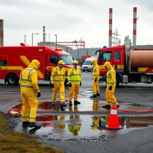 Hazmat team managing a chemical spill at an industrial site