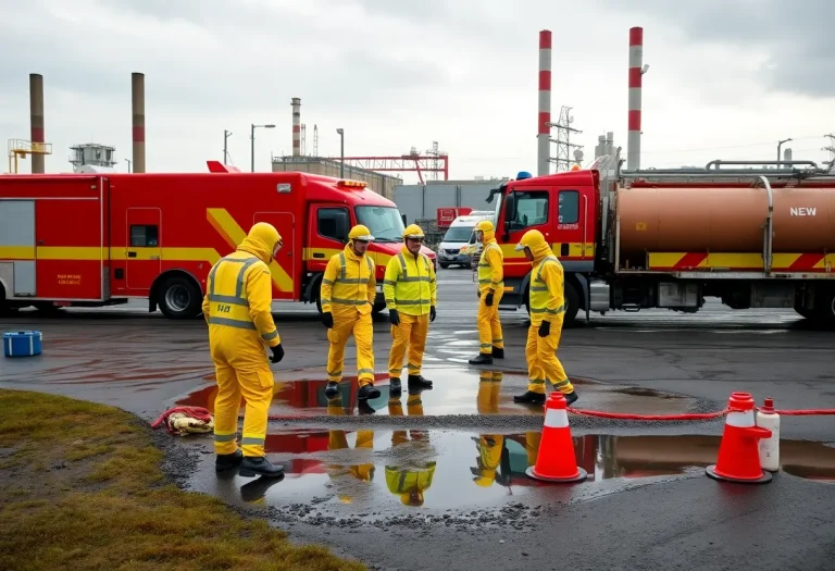 Hazmat team managing a chemical spill at an industrial site