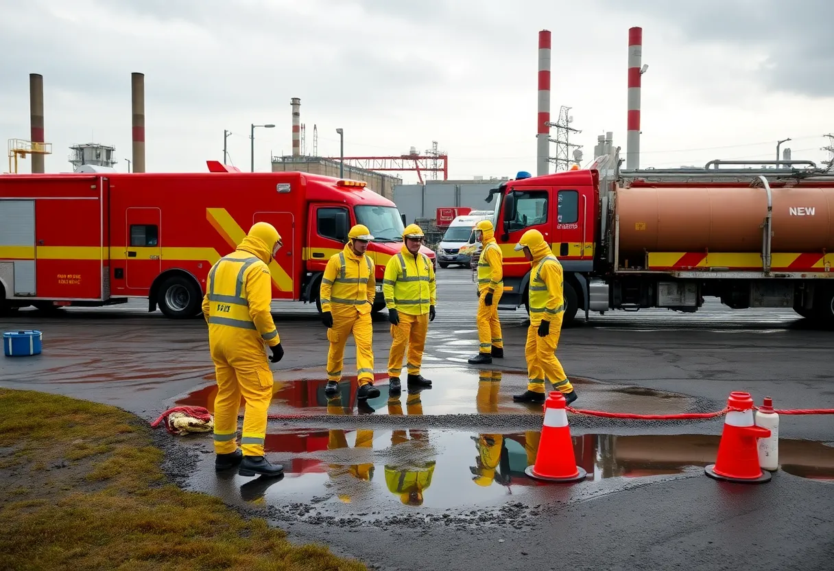 Hazmat team managing a chemical spill at an industrial site