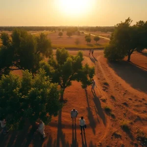 Landscape suffering from extreme heat with people taking shelter under trees