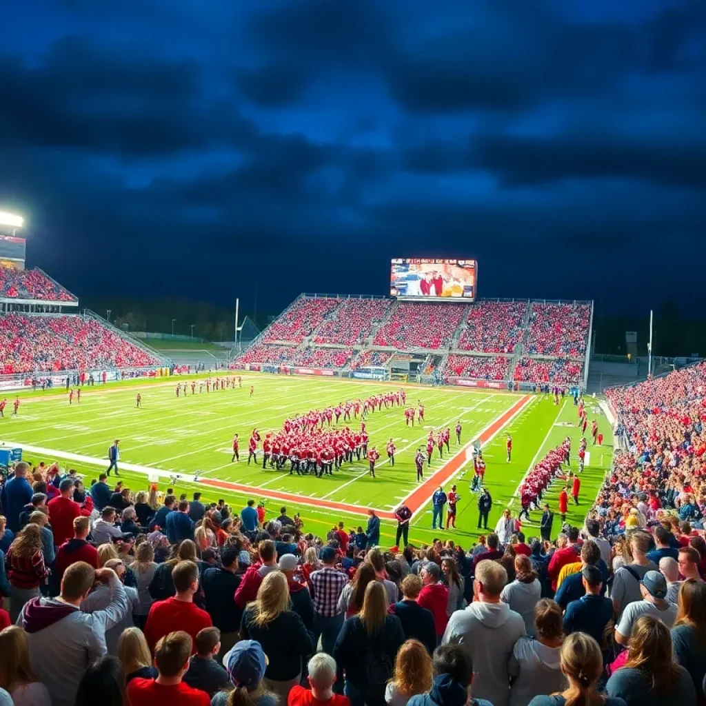 Fans cheering at a high school football game under stadium lights