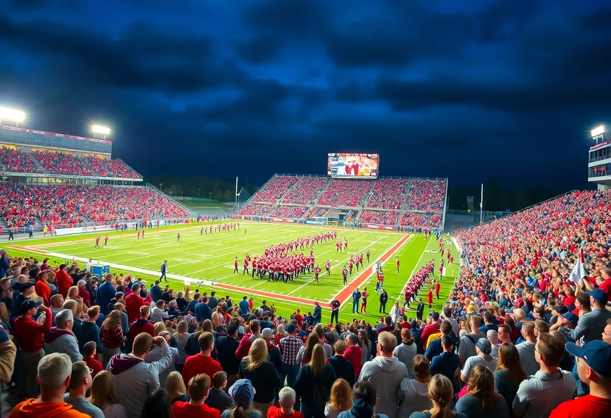 Fans cheering at a high school football game under stadium lights