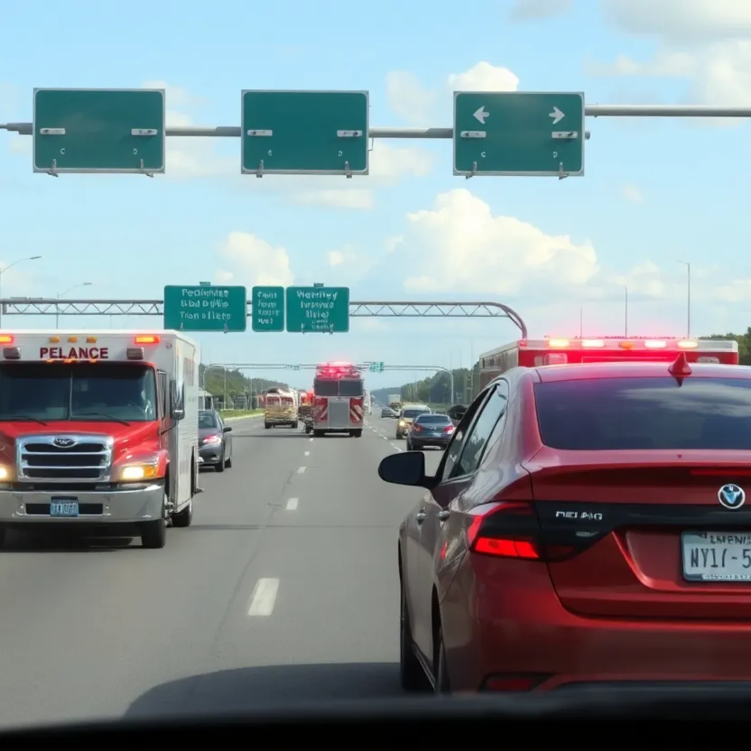 Emergency vehicles on a highway responding to an accident