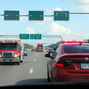 Emergency vehicles on a highway responding to an accident