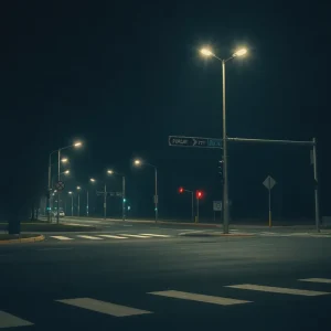 Empty street intersection at night showcasing safety signs and pedestrian markings