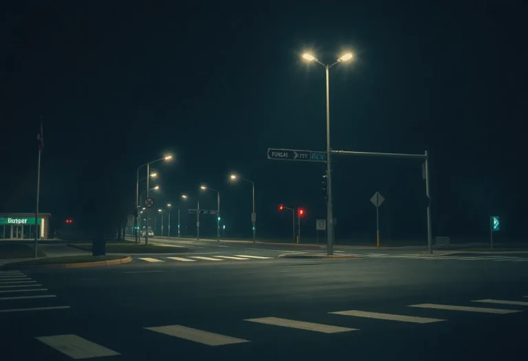 Empty street intersection at night showcasing safety signs and pedestrian markings