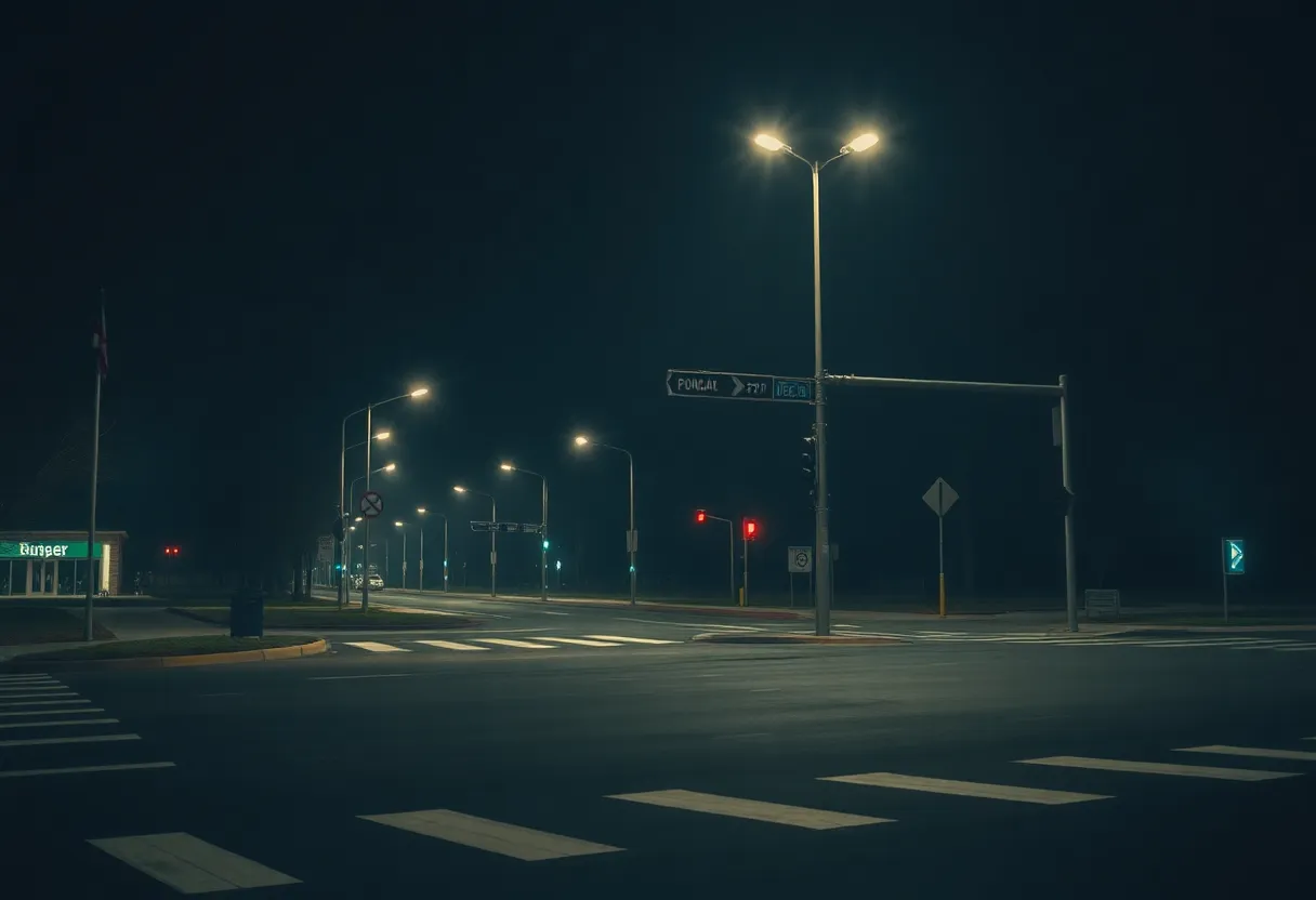 Empty street intersection at night showcasing safety signs and pedestrian markings