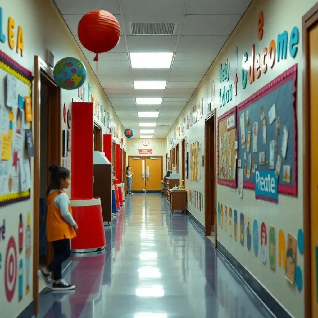 A colorful hallway at Hodges Elementary School filled with student artwork and decorations.