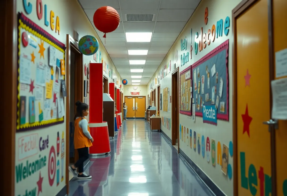 A colorful hallway at Hodges Elementary School filled with student artwork and decorations.