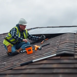 A homeowner using a ladder to inspect their roof for storm damage.