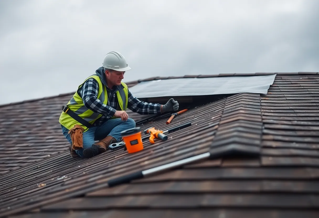 A homeowner using a ladder to inspect their roof for storm damage.