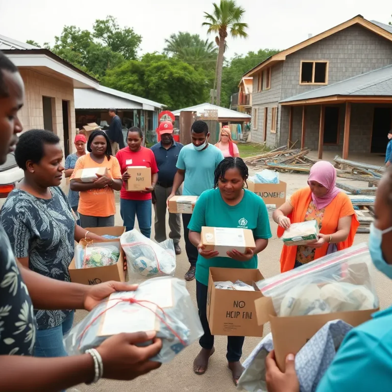 Community members receiving aid for hurricane recovery