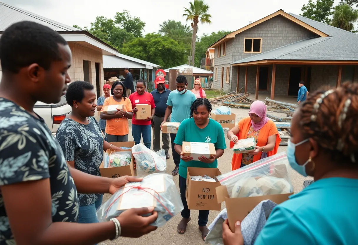Community members receiving aid for hurricane recovery