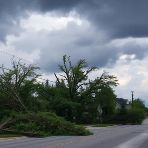 Aftermath of severe thunderstorms in Indiana with fallen trees and damaged homes.
