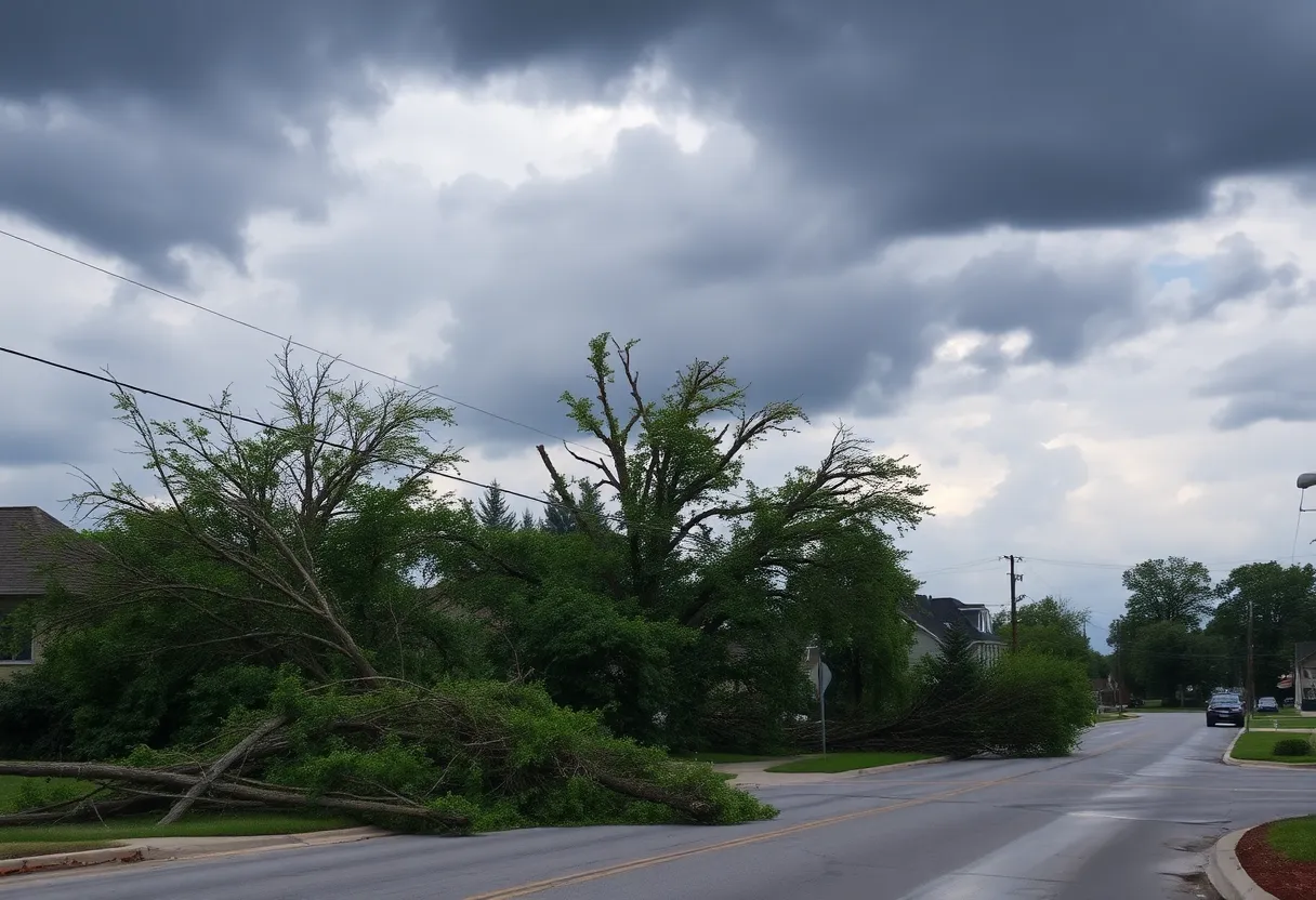 Aftermath of severe thunderstorms in Indiana with fallen trees and damaged homes.