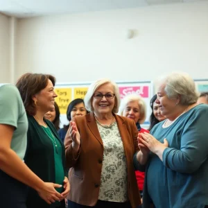 Gathering at a school honoring a retiring educator