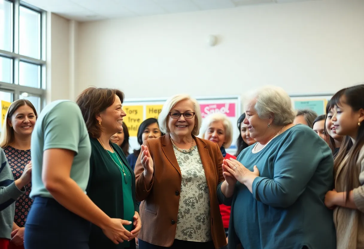 Gathering at a school honoring a retiring educator