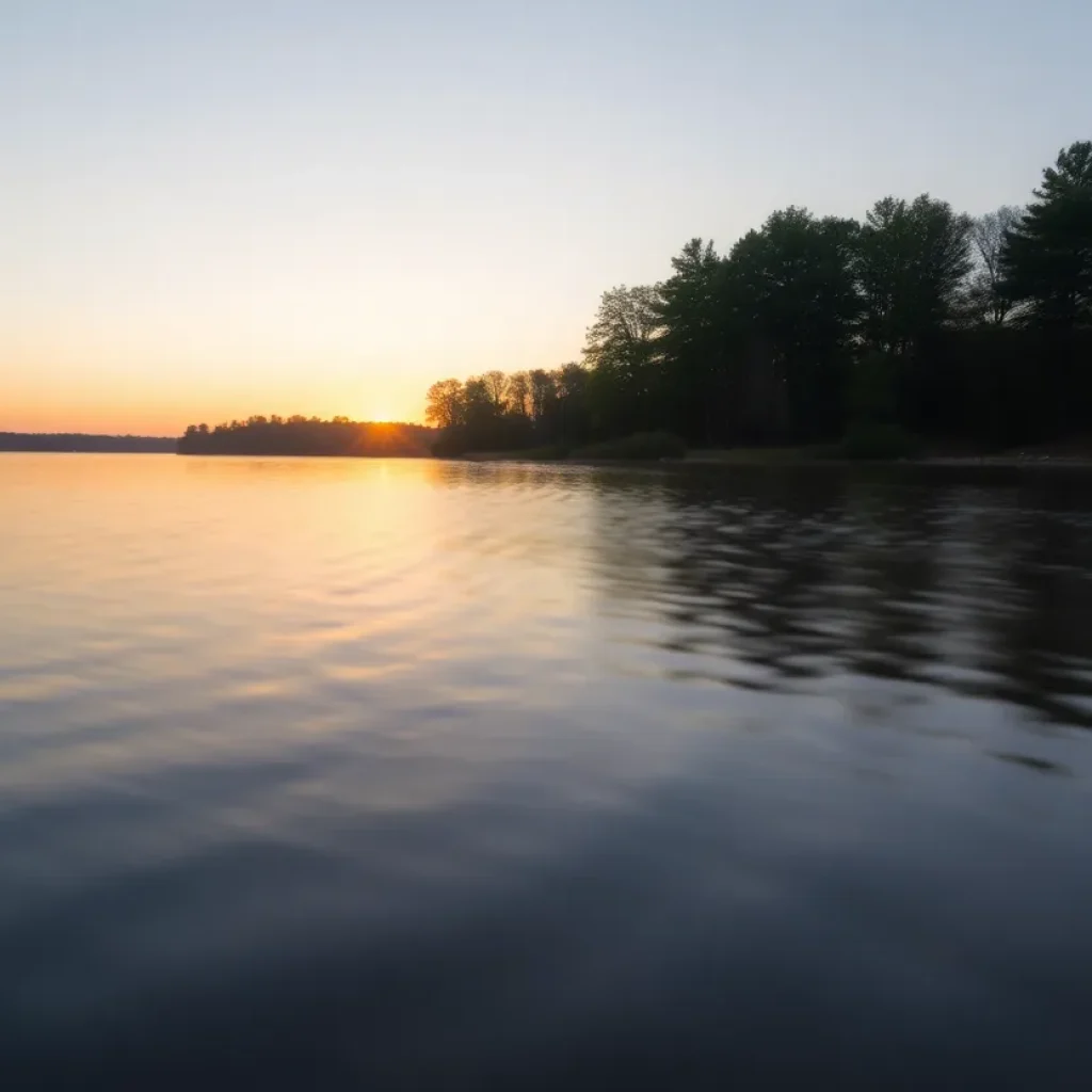 Peaceful view of Lake Greenwood at sunrise with boats