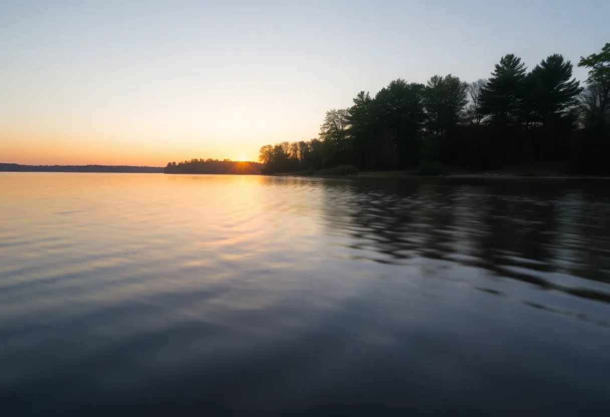 Peaceful view of Lake Greenwood at sunrise with boats