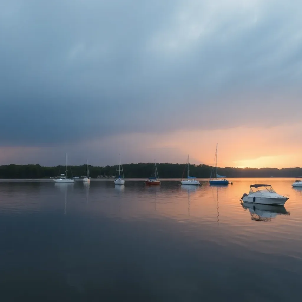 Lake Greenwood at sunrise with boats