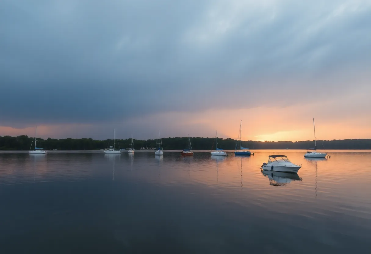 Lake Greenwood at sunrise with boats