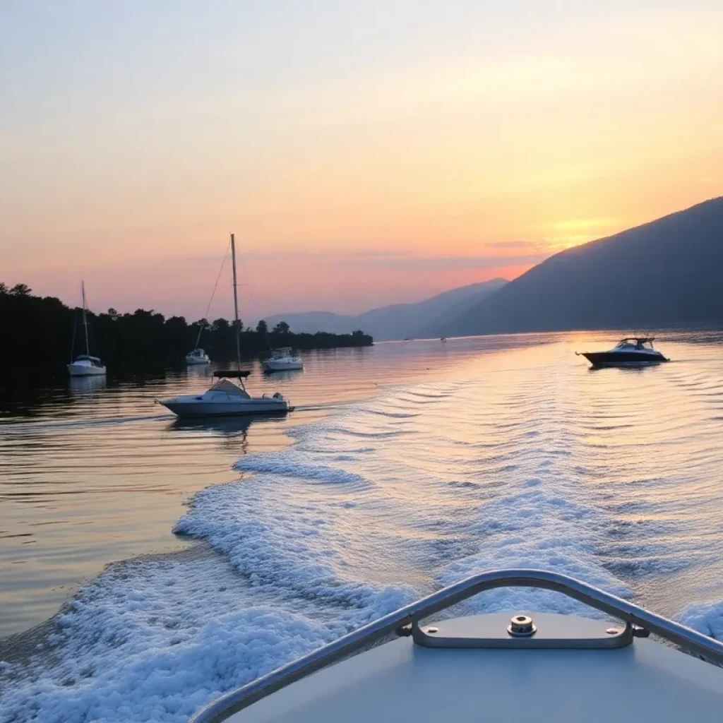 Serene view of Lake Greenwood with boats at dawn.