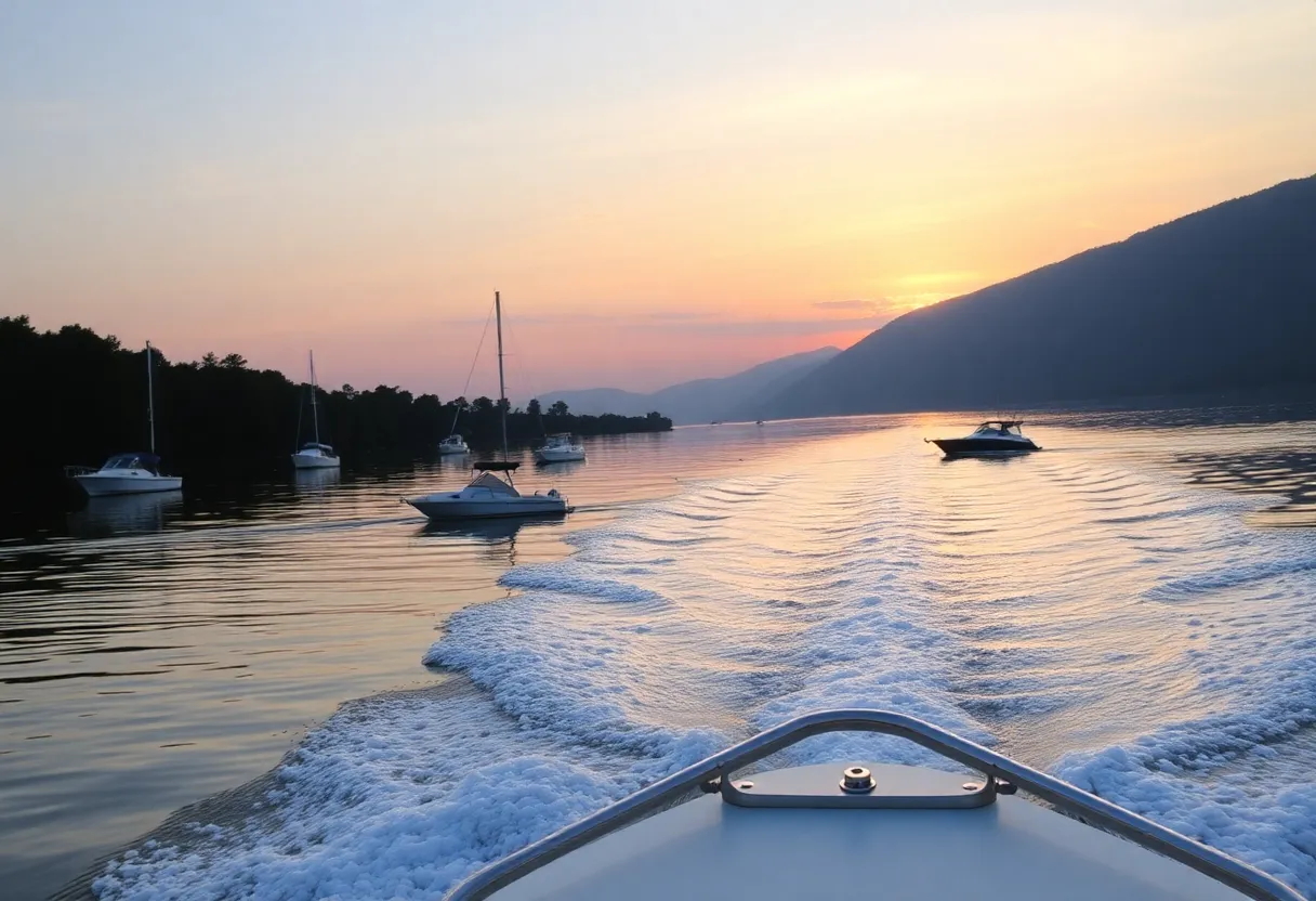 Serene view of Lake Greenwood with boats at dawn.