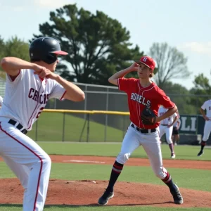 College baseball game featuring Lander University players in action.
