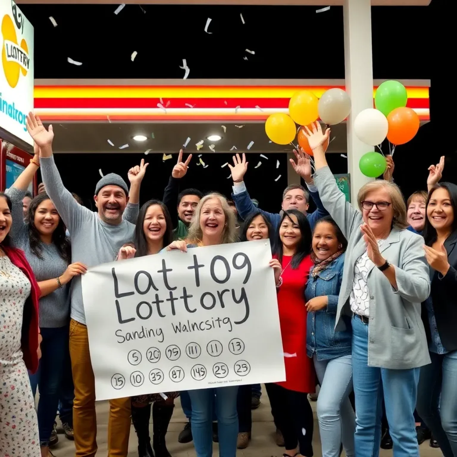 Celebration of lottery win at a gas station with happy people and decorations.