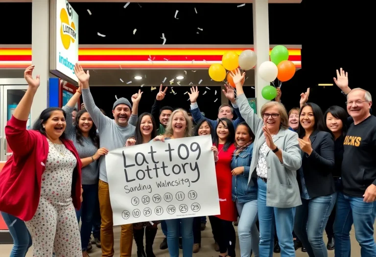 Celebration of lottery win at a gas station with happy people and decorations.