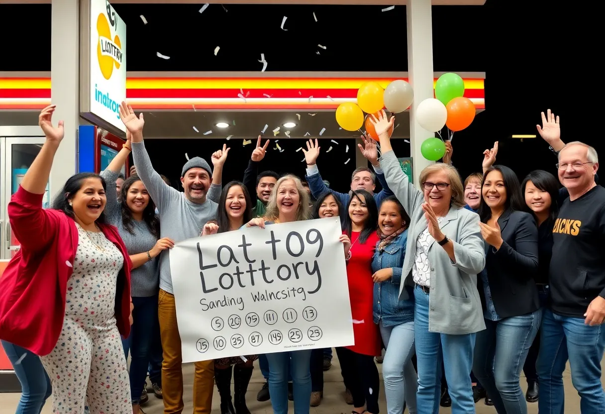 Celebration of lottery win at a gas station with happy people and decorations.