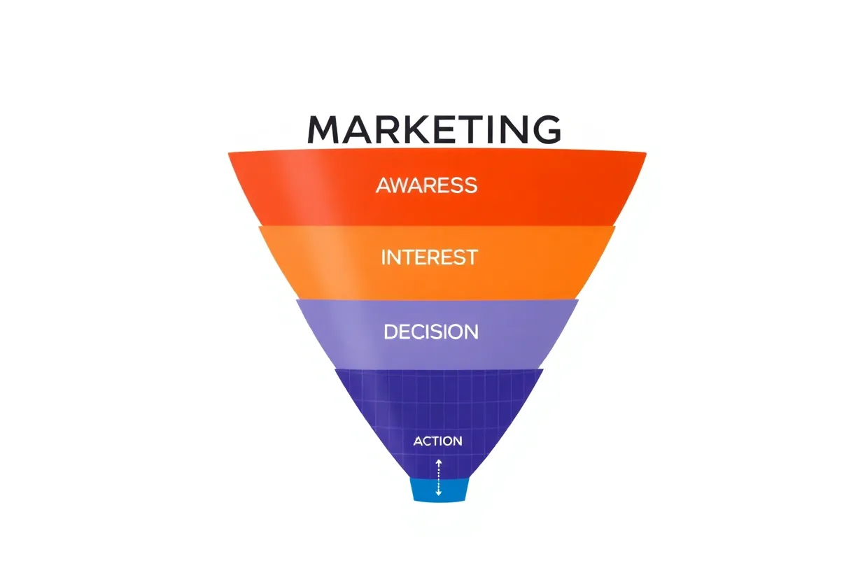 Illustration representing various stages of a marketing funnel.