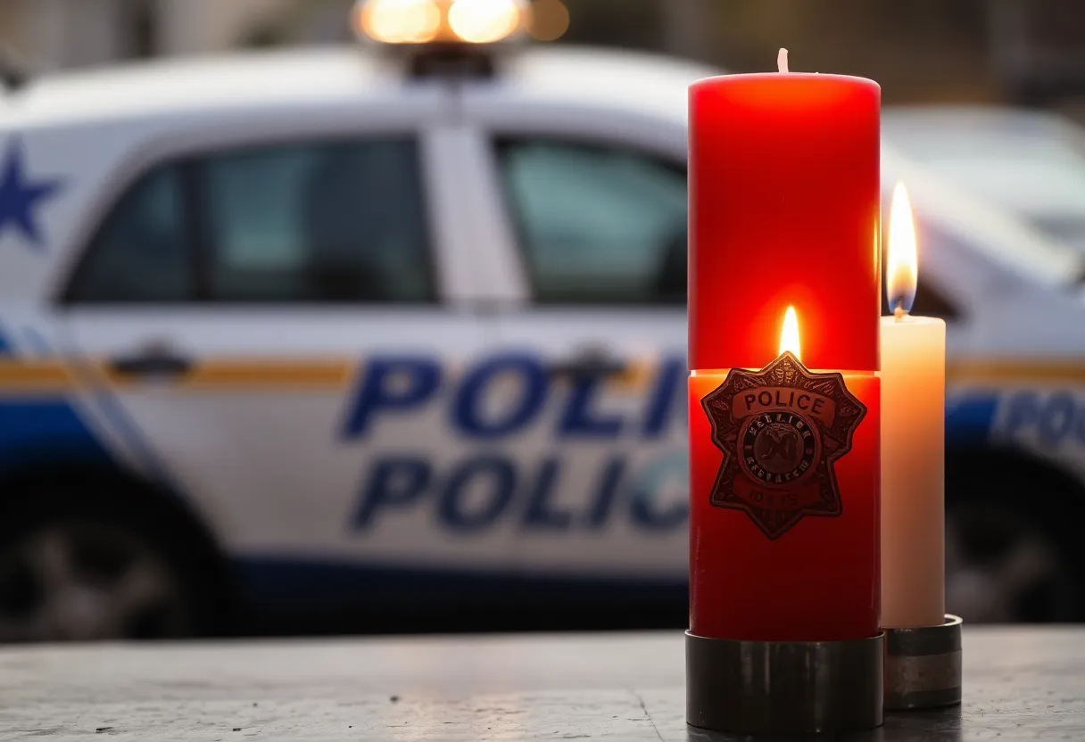 Memorial candles and police badge for fallen deputy