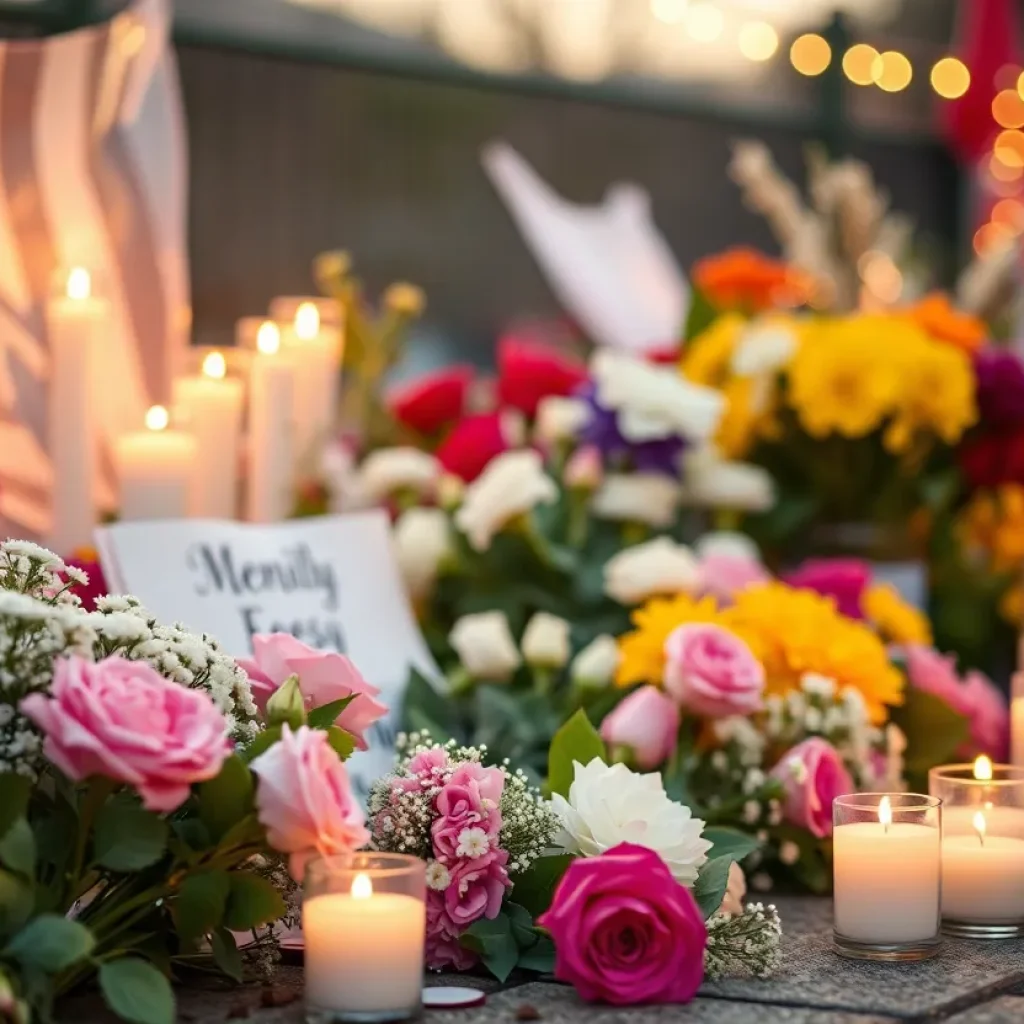 Memorial scene with flowers and candles
