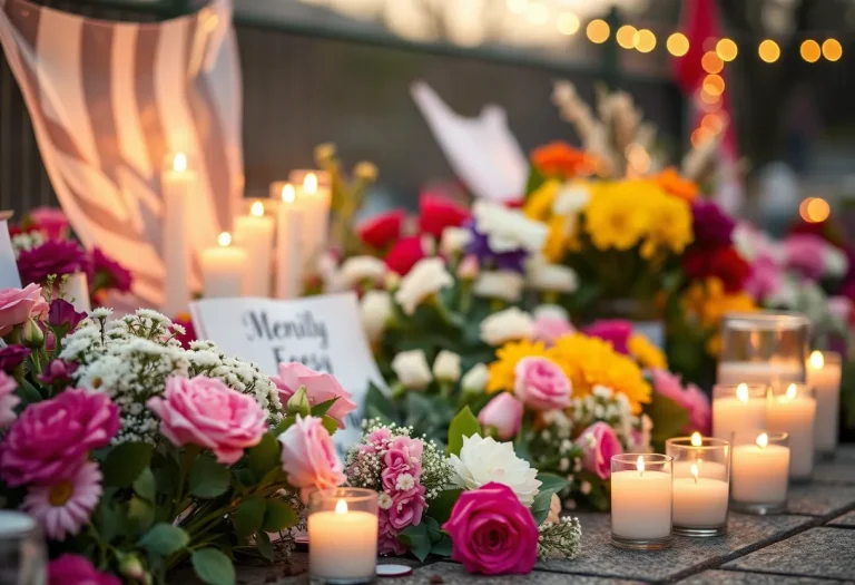 Memorial scene with flowers and candles