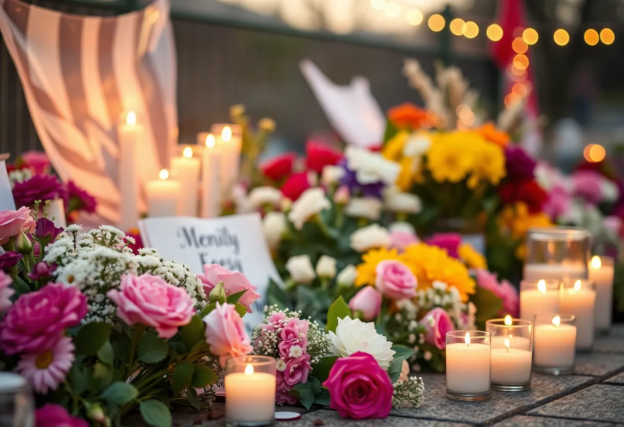 Memorial scene with flowers and candles