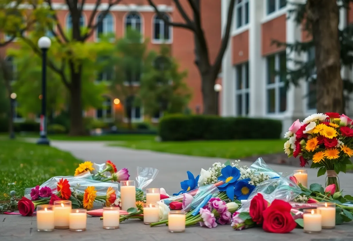 Vigil for a USC student with flowers and candles