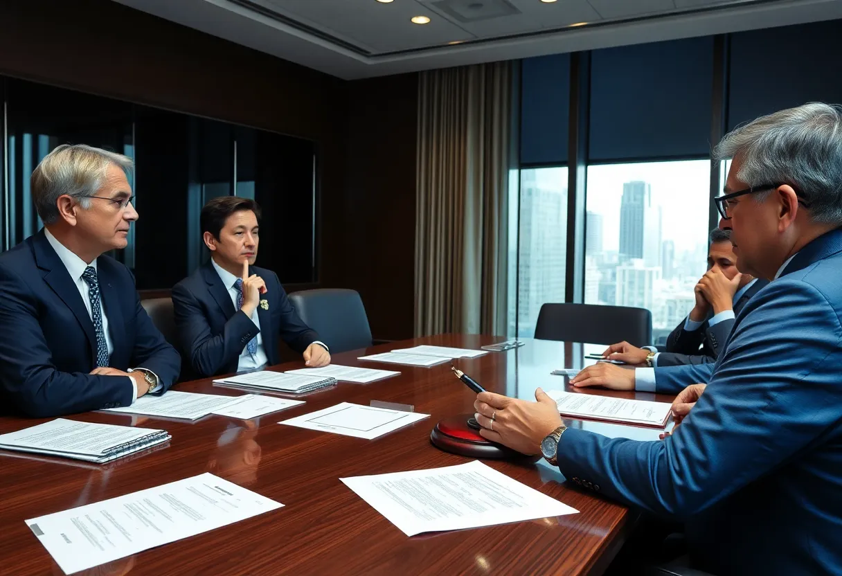 Executives in a boardroom discussing a lawsuit settlement