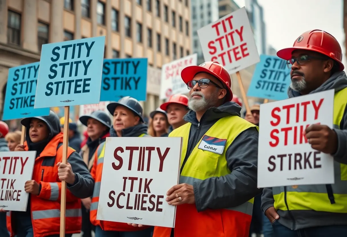Striking city workers in Philadelphia hold picket signs.