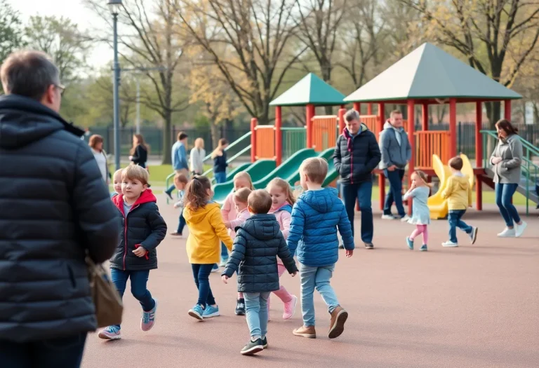 Playground filled with children playing safely under adult supervision