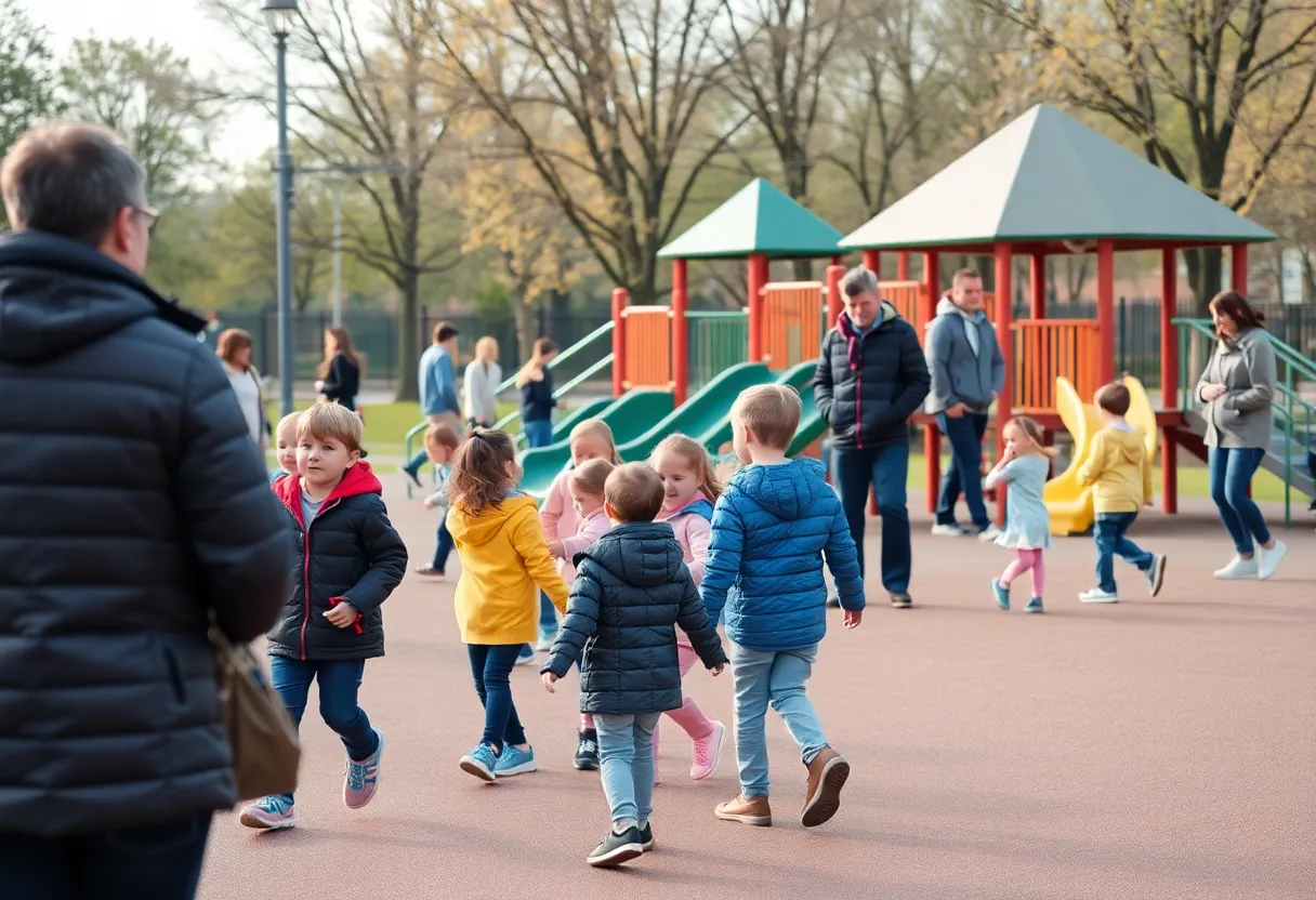 Playground filled with children playing safely under adult supervision