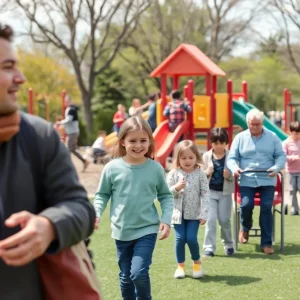 A vibrant playground with children playing, emphasizing the need for safety measures.