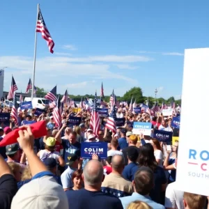 Political campaign event in South Carolina with supporters and banners