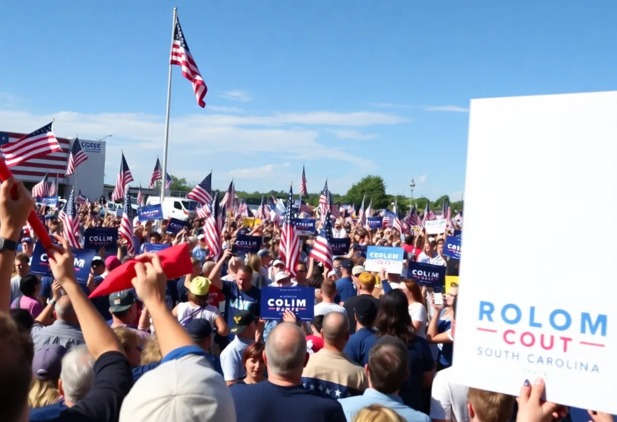 Political campaign event in South Carolina with supporters and banners