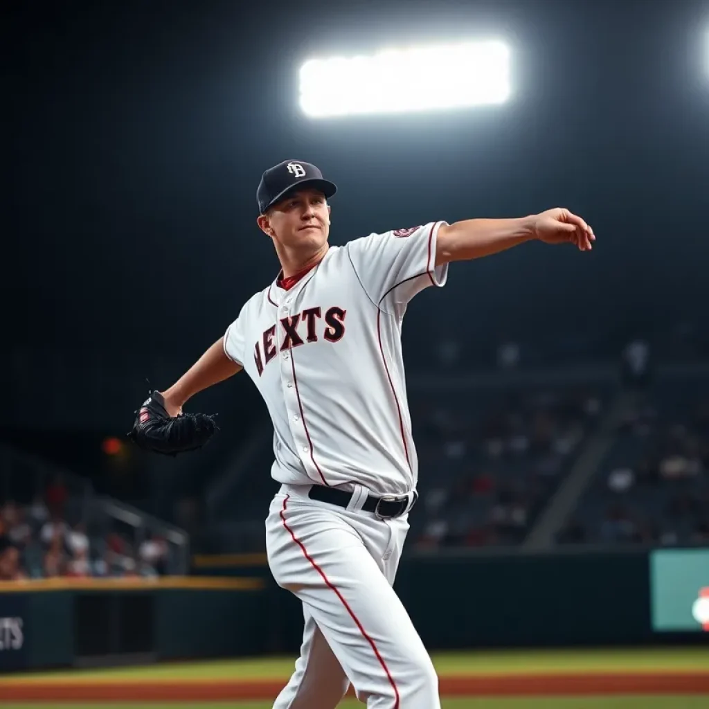 Baseball pitcher delivering a pitch on the mound