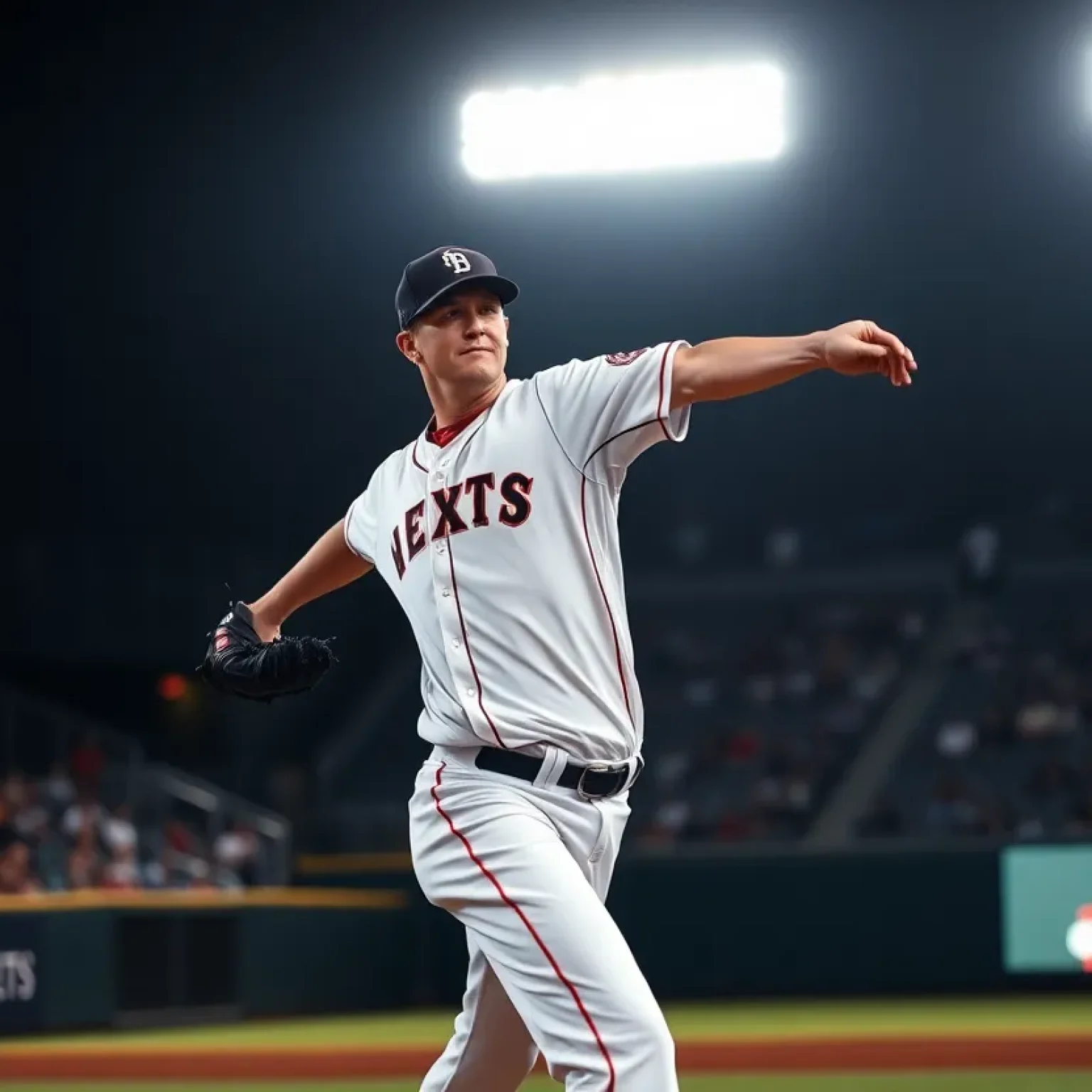 Baseball pitcher delivering a pitch on the mound