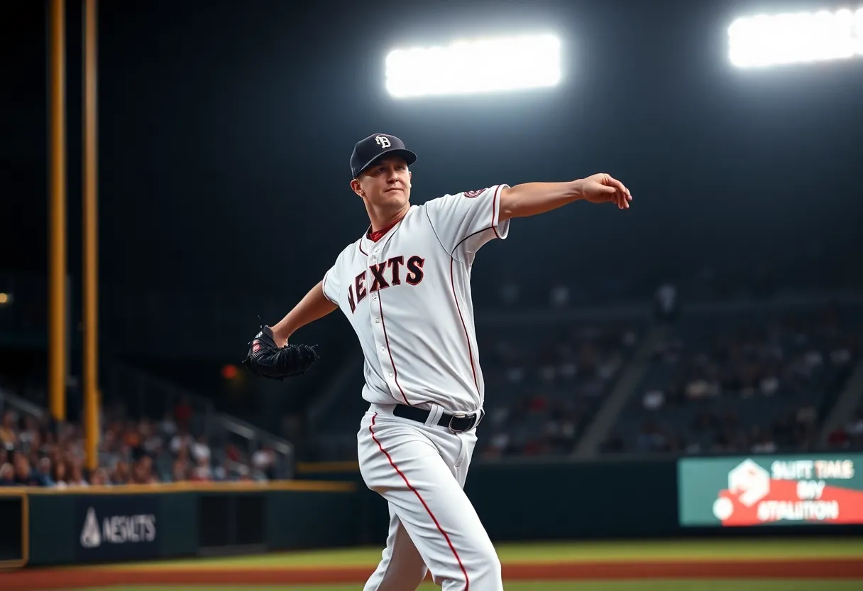 Baseball pitcher delivering a pitch on the mound