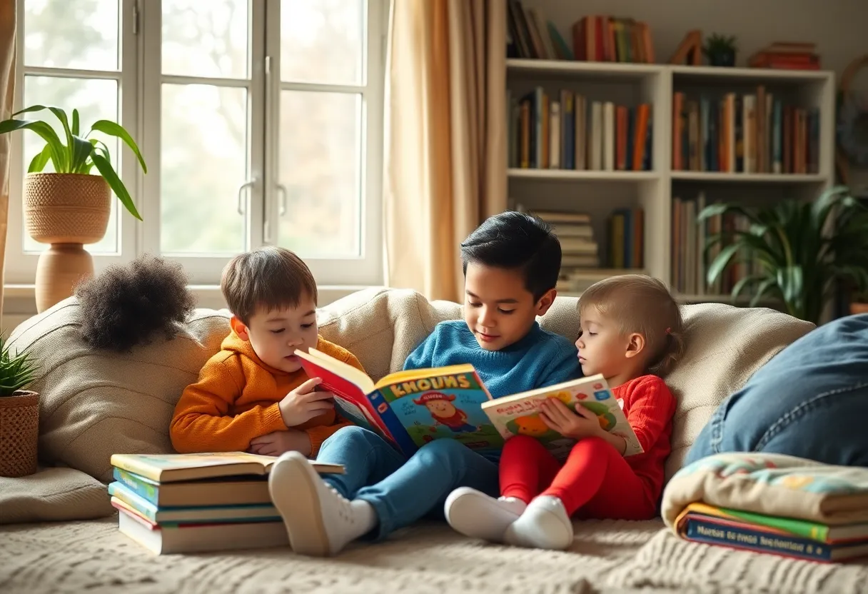 Children's books and a reading area symbolizing familial connections.